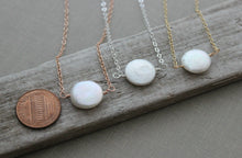 Load image into Gallery viewer, Coin pearl necklace - Gold fill - rose gold fill - sterling - sideways floating necklace - modern - Minimalist - Choice of color
