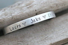 Load image into Gallery viewer, Name Cuff Bracelet - Silver Aluminum - Personalized Custom Names - Mothers Bracelet -Hearts - Hand stamped - Gift for her - skinny cuff