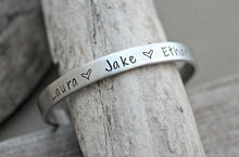 Load image into Gallery viewer, Name Cuff Bracelet - Silver Aluminum - Personalized Custom Names - Mothers Bracelet -Hearts - Hand stamped - Gift for her - skinny cuff