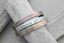 Load image into Gallery viewer, Custom Coordinates bracelet - Hand stamped silver aluminum, copper or bronze bracelet - 1/4 Inch Bangle Cuff Bracelet - special location