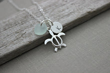 Load image into Gallery viewer, Personalized Charm Necklace with Sterling Silver Honu Turtle, genuine Sea Glass and Initial Charm, Hawaiian Turtle, Tropical beach