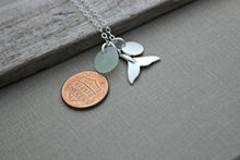 Load image into Gallery viewer, Whale tail Necklace with Genuine Sea glass and Personalized Initial charm disc, Sterling Silver Beach Jewelry, Eco Friendly Fashion mermaid
