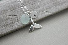 Load image into Gallery viewer, Whale tail Necklace with Genuine Sea glass and Personalized Initial charm disc, Sterling Silver Beach Jewelry, Eco Friendly Fashion mermaid