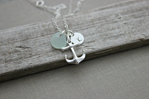 Nautical Sterling Silver anchor necklace with genuine Seaglass and mini Initial Charm, Personalized beach jewelry - Choice of color  Custom