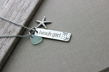 Load image into Gallery viewer, beach girl necklace - starfish charm necklace - genuine sea glass - hand stamped - Stainless steel pewter - seaglass - gift for beach lover