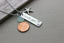 Load image into Gallery viewer, beach girl necklace - starfish charm necklace - genuine sea glass - hand stamped - Stainless steel pewter - seaglass - gift for beach lover