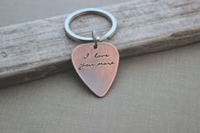 Load image into Gallery viewer, I love you more - Rustic Guitar Pick keychain, Hand Stamped Copper Guitar Pick, 18g, Romantic Gift Idea for him - Valentine's Day gift