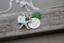 Load image into Gallery viewer, Beach Girl, Personalized Charm Necklace, Sterling Silver Starfish, Sea Glass and Mini Initial, Sea Foam, Mint Green, Hand Stamped seaglass