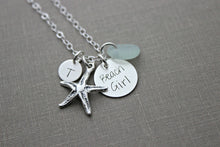 Load image into Gallery viewer, Beach Girl, Personalized Charm Necklace, Sterling Silver Starfish, Sea Glass and Mini Initial, Sea Foam, Mint Green, Hand Stamped seaglass
