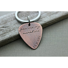 Load image into Gallery viewer, You are my sunshine, Rustic Guitar Pick keychain, Hand Stamped Copper Guitar Pick, 18g, Gift for him, or Musician, music lover