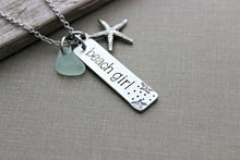 Load image into Gallery viewer, beach girl necklace - starfish charm necklace - genuine sea glass - hand stamped - Stainless steel pewter - seaglass - gift for beach lover