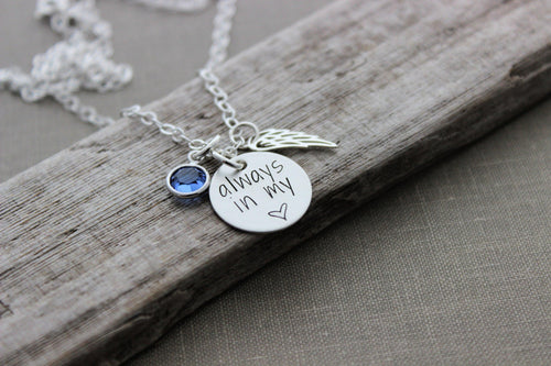 Always in my heart, Sterling silver angel wing necklace with Swarovski Crystal Birthstone, Memorial necklace, Loss Necklace
