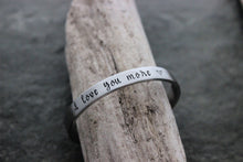 Load image into Gallery viewer, I love you more - Hand stamped silver aluminum cuff bracelet - 1/4 Inch skinny stacking bangle - Valentine's Day gift for her