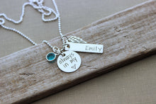 Load image into Gallery viewer, always in my heart - memorial necklace - sterling silver - Personalized nameplate and birthstone - angel wing charm necklace custom name