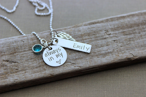 always in my heart -  memorial necklace - sterling silver - Personalized nameplate and birthstone - angel wing charm necklace custom name