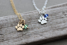 Load image into Gallery viewer, Tiny dog paw charm necklace - bronze 14k gold filled or sterling silver - Swarovski birthstone Crystal - Memorial necklace Loss of pet
