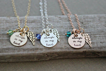 Load image into Gallery viewer, always in my heart necklace - Tiny angel wing - choice rose gold filled, sterling silver or gold fill - Swarovski crystal Memorial necklace