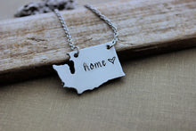 Load image into Gallery viewer, Washington Necklace - Hand stamped Home necklace - Silver Aluminum charm with Stainless steel chain - Heart design - custom