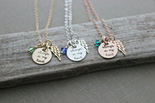 Load image into Gallery viewer, always in my heart necklace - Tiny angel wing - choice rose gold filled, sterling silver or gold fill - Swarovski crystal Memorial necklace