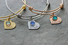 Load image into Gallery viewer, Personalized name bracelet - Heart discs - Swarovski crystal birthstones rose gold, gold or silver stainless steel wire bangle bracelet