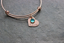 Load image into Gallery viewer, Personalized name bracelet - Heart discs - Swarovski crystal birthstones rose gold, gold or silver stainless steel wire bangle bracelet