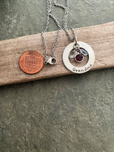 Load image into Gallery viewer, Grandma Necklace - Pewter Hand Stamped Silver tone Washer - Stainless steel chain - Swarovski crystal Birthstones Grandchildren, Grandmother