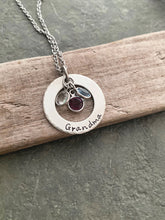 Load image into Gallery viewer, Grandma Necklace - Pewter Hand Stamped Silver tone Washer - Stainless steel chain - Swarovski crystal Birthstones Grandchildren, Grandmother