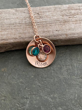 Load image into Gallery viewer, 14k Rose gold filled cupped disc necklace with Swarovski Crystal Birthstone Charms - Christmas gift for mom - Personalized name Gift