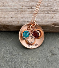 Load image into Gallery viewer, 14k Rose gold filled cupped disc necklace with Swarovski Crystal Birthstone Charms - Christmas gift for mom - Personalized name Gift