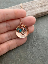 Load image into Gallery viewer, 14k Rose gold filled cupped disc necklace with Swarovski Crystal Birthstone Charms - Christmas gift for mom - Personalized name Gift