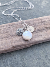 Load image into Gallery viewer, Personalized Charm Necklace with Sterling Silver Sand Dollar White Coin Pearl and Initial Charm Made to Order Wedding Bridesmaid Gift