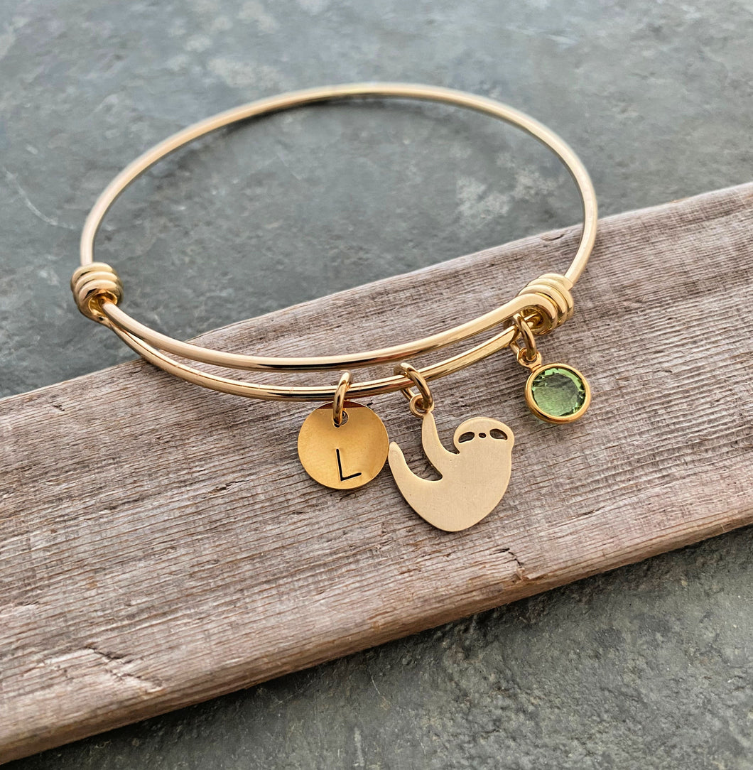Sloth Charm bracelet - personalized with initial and  Swarovski crystal birthstone silver or gold stainless steel adjustable wire bracelet