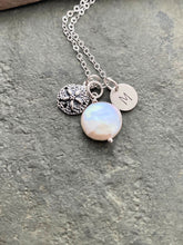 Load image into Gallery viewer, Personalized Charm Necklace with Sterling Silver Sand Dollar White Coin Pearl and Initial Charm Made to Order Wedding Bridesmaid Gift