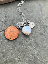 Load image into Gallery viewer, Personalized Charm Necklace with Sterling Silver Sand Dollar White Coin Pearl and Initial Charm Made to Order Wedding Bridesmaid Gift