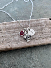 Load image into Gallery viewer, Sterling silver celtic cross Necklace with personalized Initial Charm disk and Swarovski crystal birthstone, Irish necklace, Birthday gift
