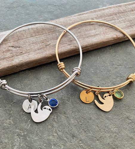 Sloth Charm bracelet - personalized with initial and  Swarovski crystal birthstone silver or gold stainless steel adjustable wire bracelet