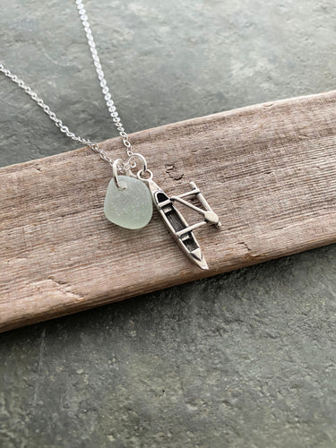 Sterling Silver Canoe Charm Necklace with Sea Glass Seafoam, White or Green Personalize Outrigger, Paddler, Watersports, Hawaii Outdoors