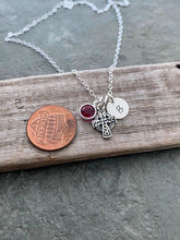 Load image into Gallery viewer, Sterling silver celtic cross Necklace with personalized Initial Charm disk and Swarovski crystal birthstone, Irish necklace, Birthday gift