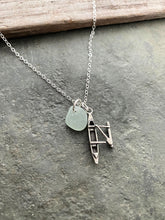 Load image into Gallery viewer, Sterling Silver Canoe Charm Necklace with Sea Glass Seafoam, White or Green Personalize Outrigger, Paddler, Watersports, Hawaii Outdoors