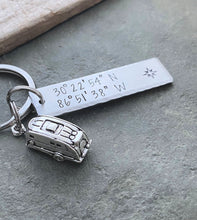 Load image into Gallery viewer, Camping GPS coordinates keychain - Silver Aluminum Hand Stamped Bar Key Chain - Camper Trailer charm - Favorite vacation spot Lat & long
