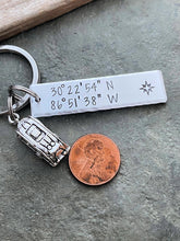 Load image into Gallery viewer, Camping GPS coordinates keychain - Silver Aluminum Hand Stamped Bar Key Chain - Camper Trailer charm - Favorite vacation spot Lat & long