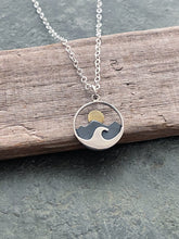Load image into Gallery viewer, Mountains, beach waves and Sun Charm Necklace, 925 Sterling Silver and bronze Jewelry - Mixed Metal - Minimalist - Darkened Silver
