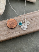 Load image into Gallery viewer, Sterling silver sand dollar Necklace with Hand stamped Initial letter disc and Swarovski Crystal Birthstone, Handmade