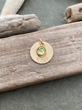 Load image into Gallery viewer, Add a 14k gold filled name disc charm to necklace with Swarovski Crystal birthstone charm
