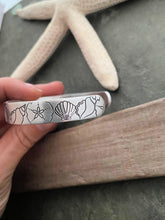 Load image into Gallery viewer, Beach Cuff bracelet - hand stamped silver aluminum - Seashells and Sand dollars - Tropical Beach gift - gift for beach lover gift for friend