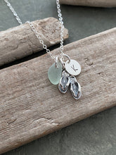 Load image into Gallery viewer, Sterling Silver Flip Flop Sandal Necklace with Sea Glass and Initial Charm, Personalized Beach Jewelry, Gift for her - summer necklace