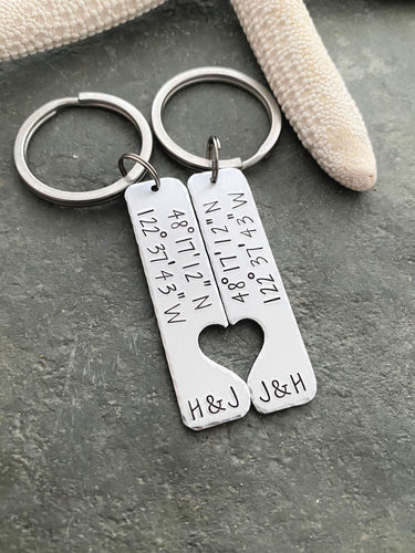 GPS Coordinates Keychain set - Couples Key chains - Connecting heart - silver aluminum - personalized initials - customized gift for him