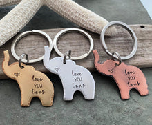 Load image into Gallery viewer, love you tons - elephant keychain - lucky key ring - gift for daughter - gift for her Valentine's Day gift Silver aluminum bronze or copper
