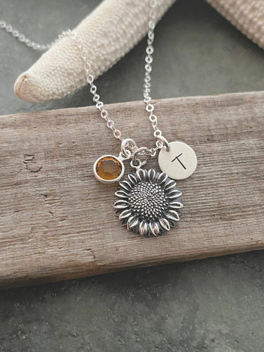 Sterling silver Sunflower charm necklace - Plant Jewelry - Flower necklace, Personalized initial -  Swarovski Birthstone - gift for her
