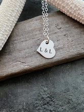 Load image into Gallery viewer, Heart necklace with two initials - 14k Gold filled heart Disc - Hand Stamped, Couples necklace  2 initials  wedding shower gift  Valentine&#39;s
